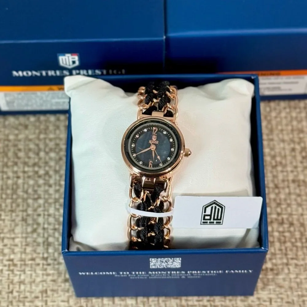 Rose Gold & Black Braided Chain Watch | Luxe Statement Bracelet Style